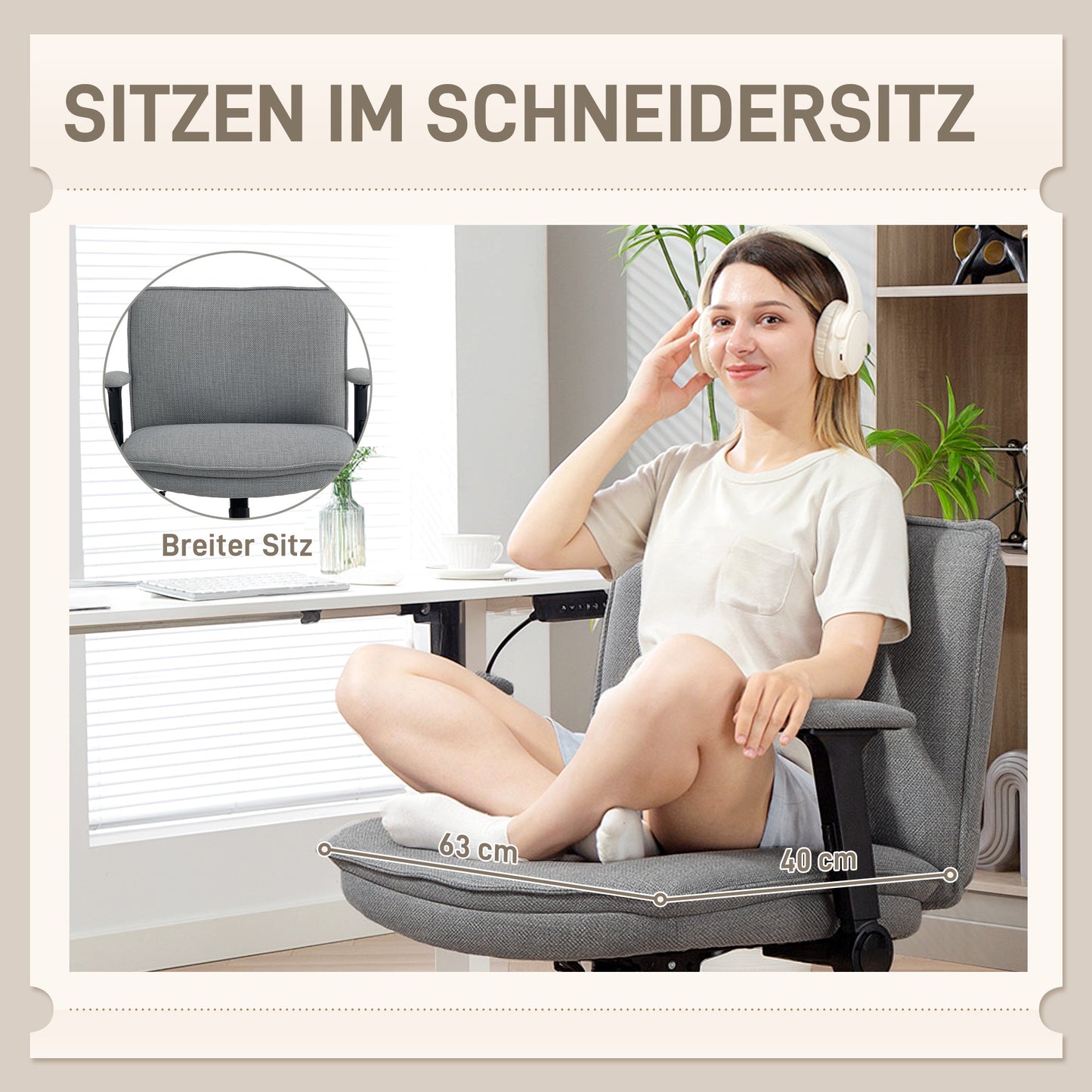 HOMCOM Bürostuhl mit hochklappbaren Armlehnen, breiter Schreibtischstuhl in Leinenoptik, höhenverstellbar, Stahlbasis, Grau