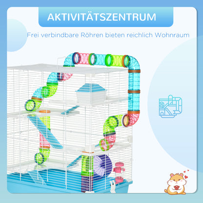 PawHut Kleintierkäfig Kleintierstall mit Rampe und Laufrad 5-Ebenen Käfig Nagerkäfig kleine Haustiere Futternapf Trinkflasche Stahldraht Kunststoff PS Hellblau+Weiß 59 x 36 x 69 cm