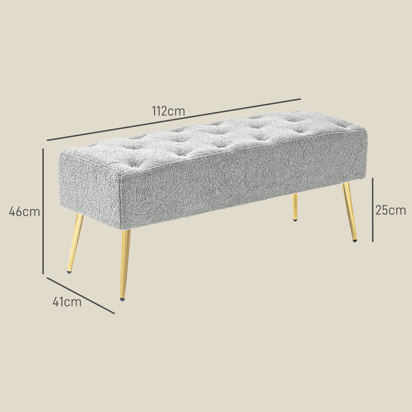 HOMCOM Bettbank, Sitzbank, weicher Bezug in Lammwoll-Optik, bis 120 kg, vergoldete Stahlbeine, 112x41x46cm, Grau