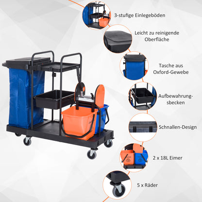 HOMCOM Putzwagen Reinigungswagen Wischwagen Systemwagen mit 4 leichtgängigen Rollen Schwarz+Blau+Orange 111 × 63,3 × 103 cm