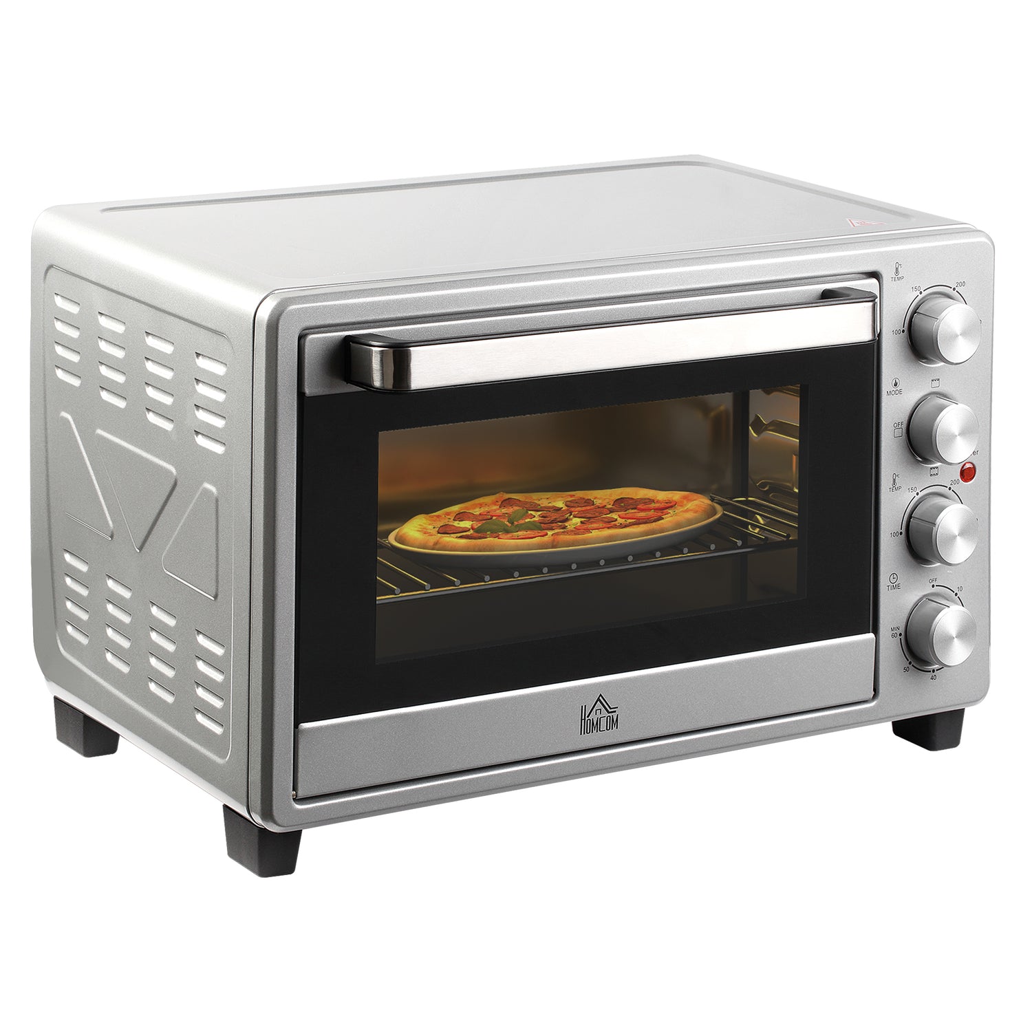 HOMCOM Mini Backofen 32L 100 °C-230 °C 1600 W Mini Ofen mit Backblech Krümelblech Grillrost und 3 Kochmodi Pizzaofen mit Timer Backblech-Griff Edelstahl Silber