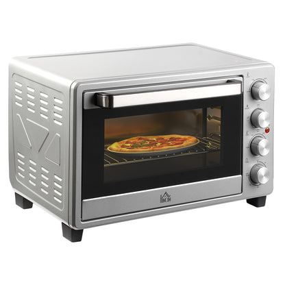 HOMCOM Mini Backofen 32L 100 °C-230 °C 1600 W Mini Ofen mit Backblech Krümelblech Grillrost und 3 Kochmodi Pizzaofen mit Timer Backblech-Griff Edelstahl Silber