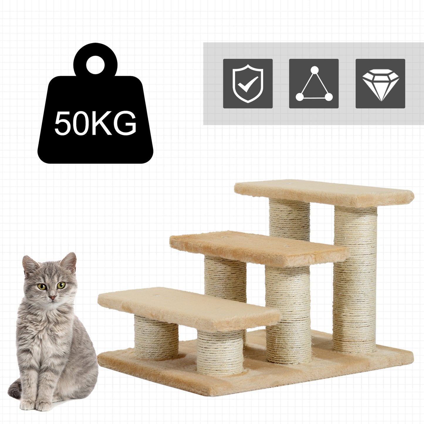 PawHut Tiertreppe Katzentreppe Hundetreppe 3 Stufen Treppe für Katze und Hunde Plüsch Creme 45 x 35 x 34 cm