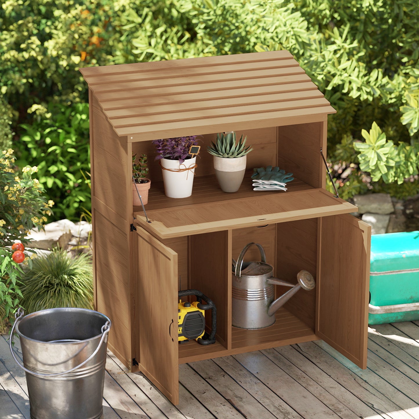 Outsunny Garten-Aufbewahrungsschrank mit ausklappbarem Tisch, Werkzeugschrank mit Dach, 110 x 54 x 136 cm, Tannenholz, Braun
