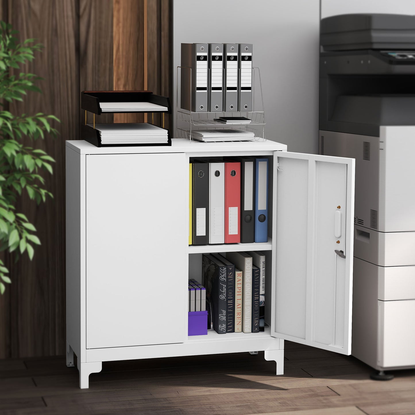 HOMCOM Büroschrank aus Metall, verschließbare Türen, Bürokommode, 2-stufiges Design, Weiß