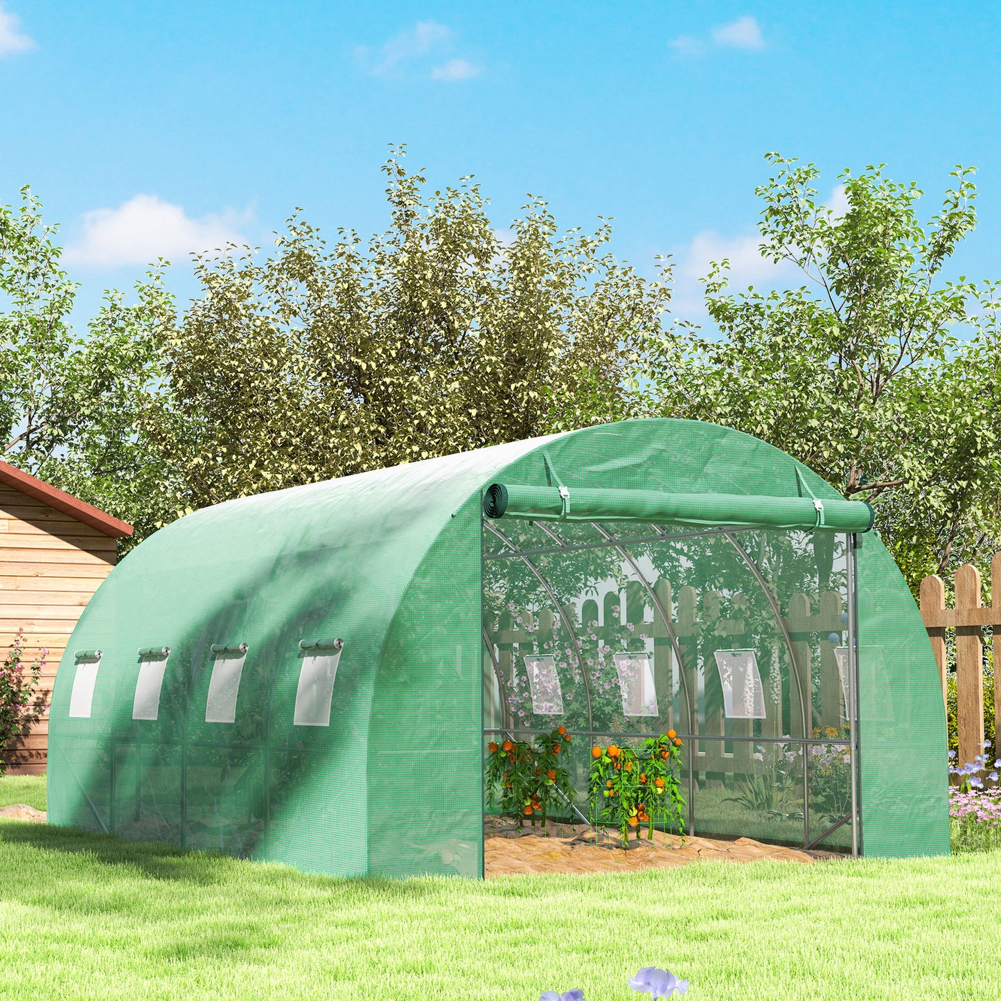 Outsunny Polytunnel Gewächshaus mit Kunststoff-Abdeckung und Stahlrahmen, begehbares Gewächshauszelt mit Rolltüren, Grün