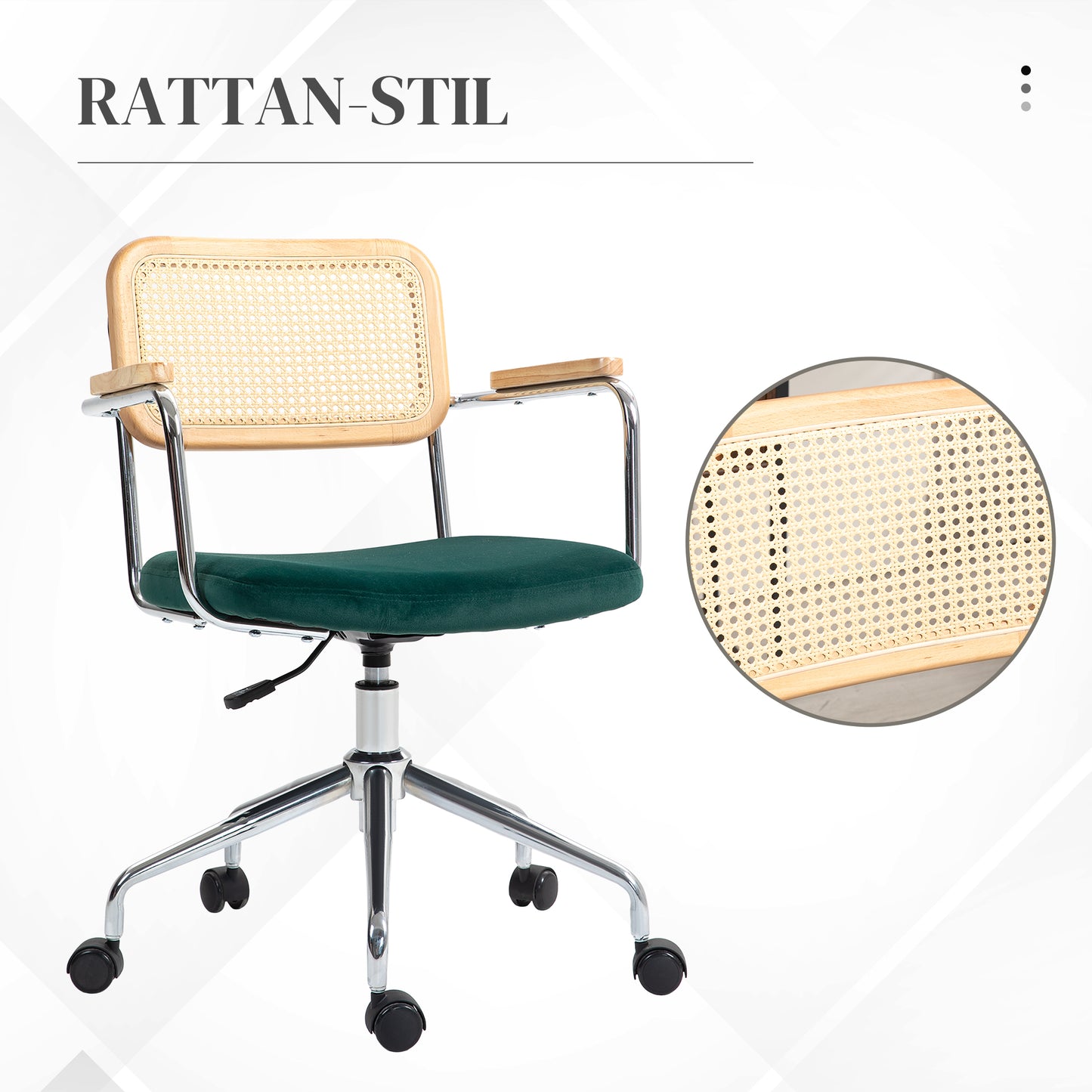 HOMCOM Bürostuhl, Boho-Design, Holzarmlehnen, drehbar, verstellbar, bis 120 kg, Stahl, Grün