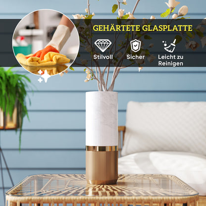 Outsunny Polyrattan Gartentisch, 65 x 65 x 43 cm, wetterfest Beistelltisch quadrarisch mit Glasplatte Naturholz