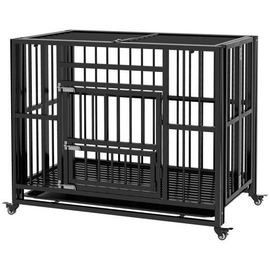 PawHut Hundebox Hundekäfig, inkl. Bodenwanne, Verriegelung, Universalrollen, 94 cm x 58 cm x 78 cm, Schwarz