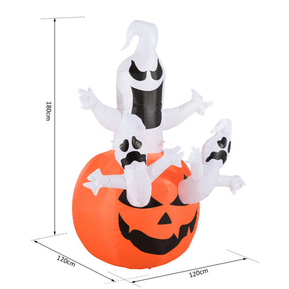 HOMCOM Aufblasbarer Kürbis Geist Gespenst Halloween Deko Figur Luftfigur mit LED Beleuchtung, Polyester, 120x120x180cm