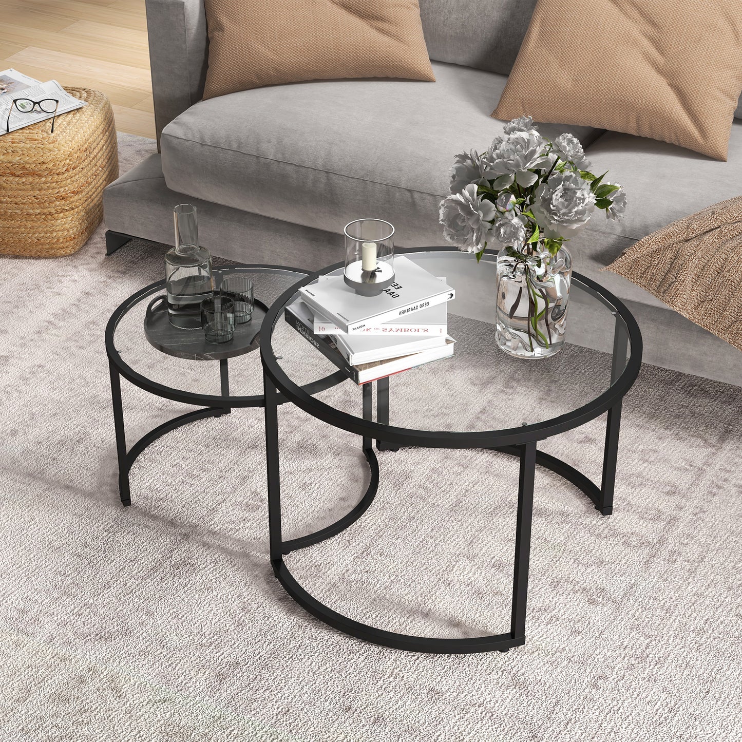 HOMCOM 2er-Set Beistelltische Couchtische Industrie-Design, Glastische, stapelbar, Schwarz + Transparent