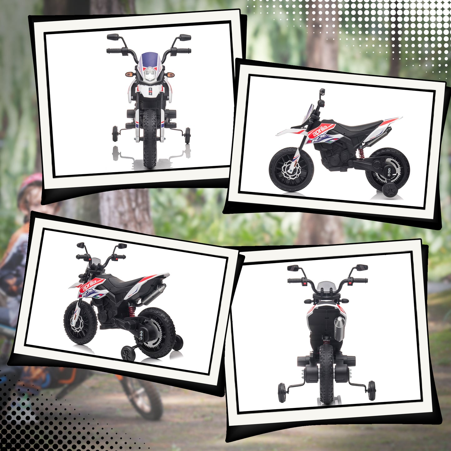 AIYAPLAY 12V Kinder-Motorrad mit Stützrädern, LED-Lichtern, Musik, USB, Elektro-Motorrad für Jungen und Mädchen, Weiß