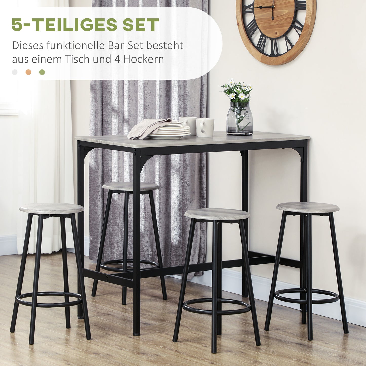 HOMCOM Bargarnitur, 5-teilig, Tisch & 4 Hocker, Industrie-Design, kompakt, rustikal