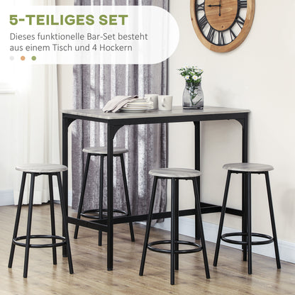 HOMCOM Bargarnitur, 5-teilig, Tisch & 4 Hocker, Industrie-Design, kompakt, rustikal