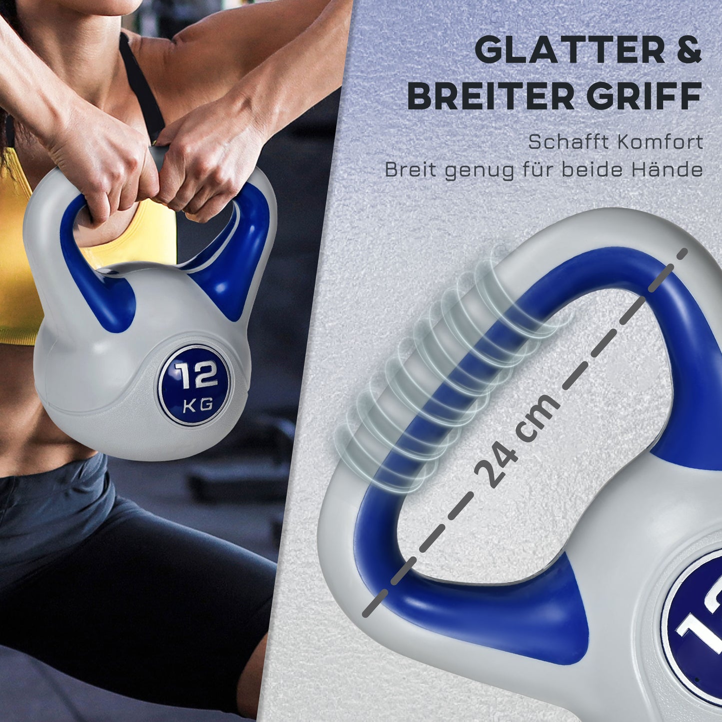 SPORTNOW Kugelhantel, Kettlebell, 12 kg, flache Unterseite, großer Griff, Kunststoffmantel, blau, 24 x 17 x 28 cm