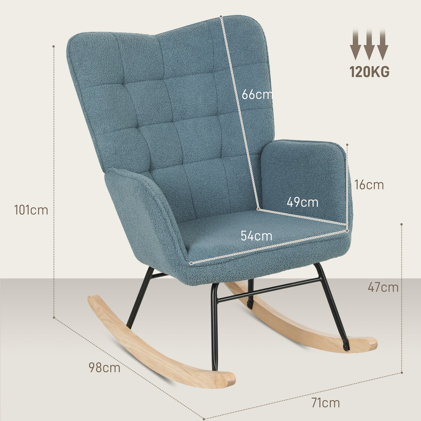 HOMCOM Schaukelstuhl, ergonomische Form, Echtholzkufen, bis 120 kg, Hellblau