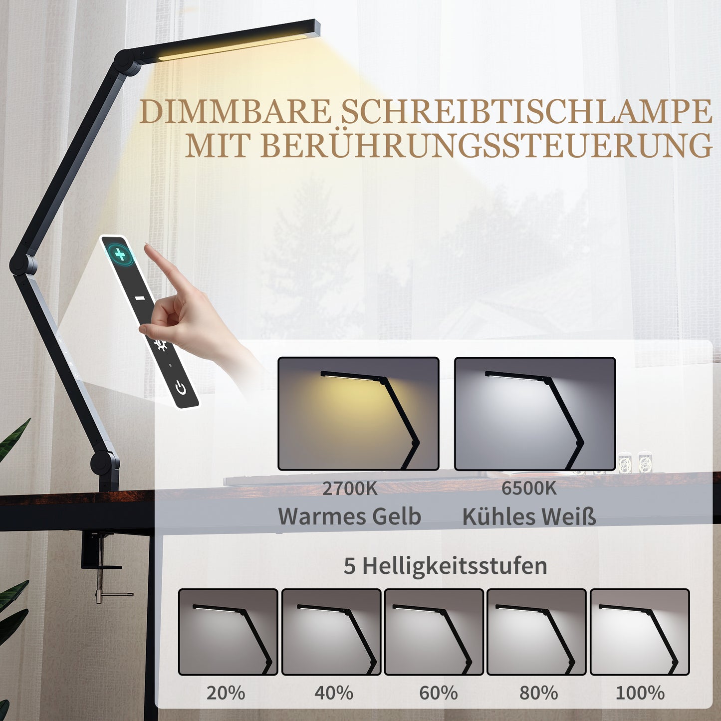 HOMCOM Schreibtischlampe, anpassbare Helligkeit und Farbe, Metallklemme, 96 LEDs, Schwarz