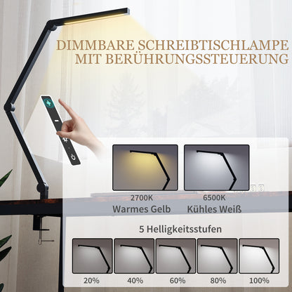 HOMCOM Schreibtischlampe, anpassbare Helligkeit und Farbe, Metallklemme, 96 LEDs, Schwarz