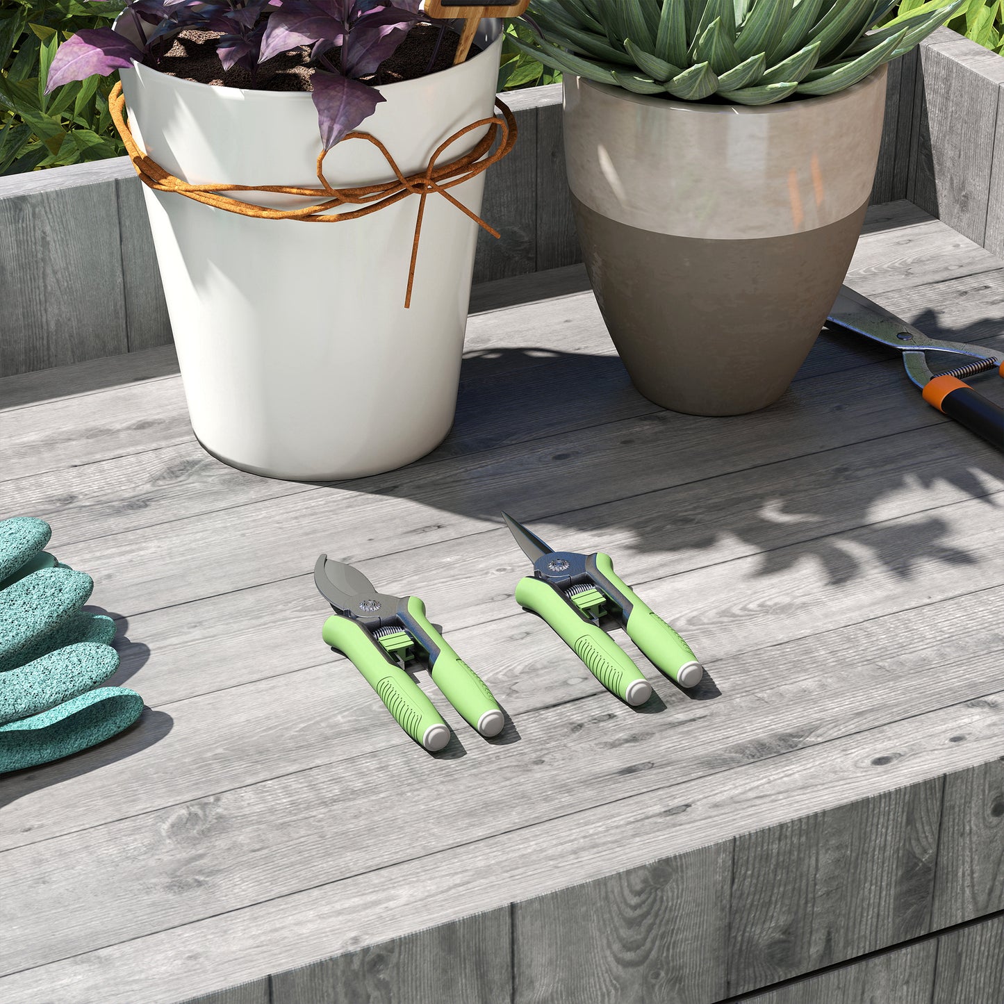 Outsunny Gartenwerkzeug Set 2 Stück Garten Werkzeug aus Edelstahl Gartengeräte mit Gartenschere Astschere Grün+Silber