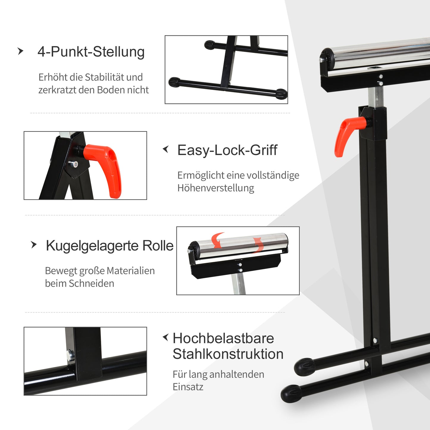 HOMCOM Rollenbock, Rollenauflage, Höhenverstellbares Arbeitsbock, Rollenständer, Hiflsbock, Stützbock, bis 90 kg, Metall, Schwarz, 44 x 50 x 68-110 cm