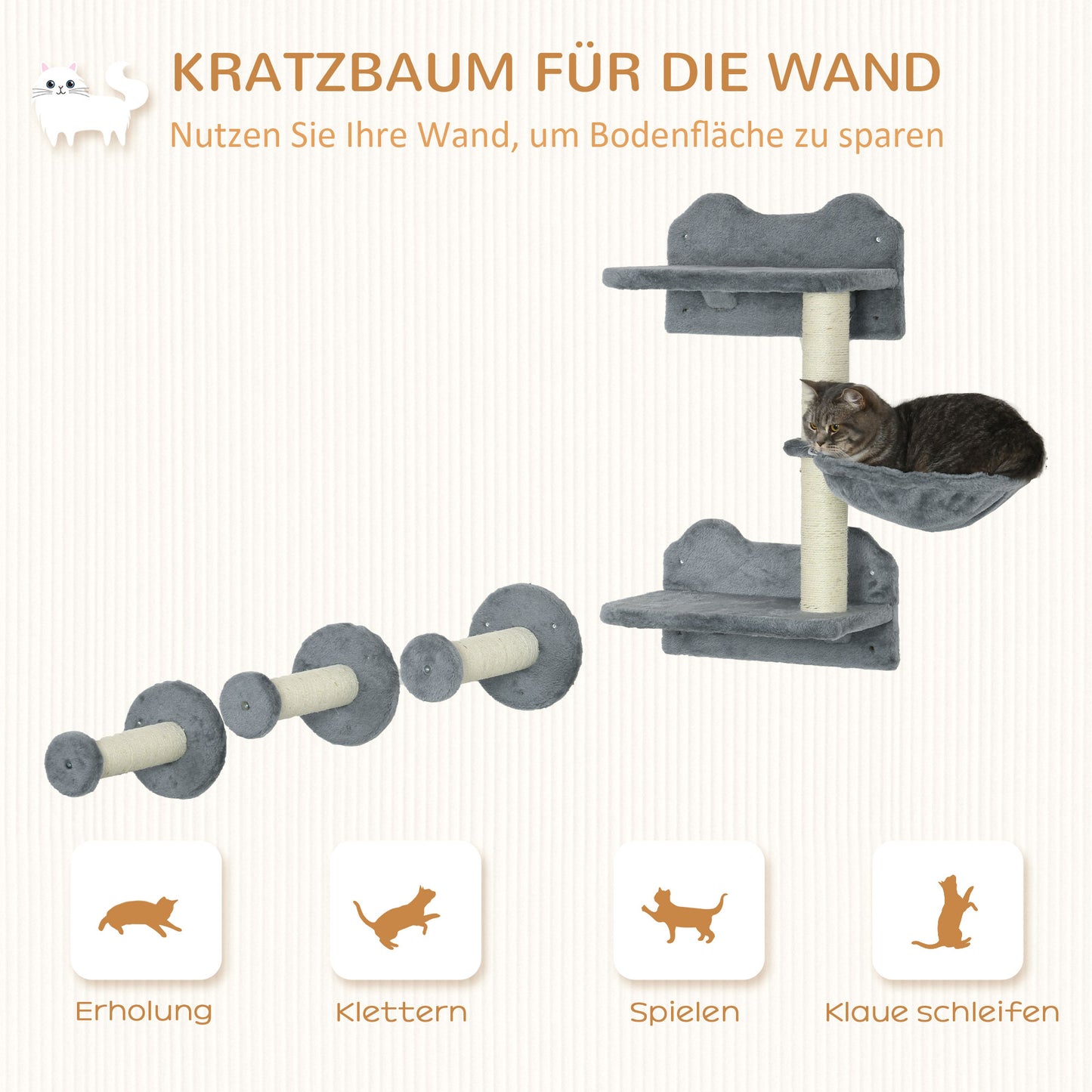 PawHut Kletterstufen, Kletterwand, Katzentreppe, 4-tlg. Set, mit Kratzbaum, Hängematte, grau+cremeweiß, 40 x 28 x 73cm