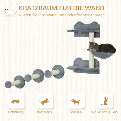 PawHut Kletterstufen, Kletterwand, Katzentreppe, 4-tlg. Set, mit Kratzbaum, Hängematte, grau+cremeweiß, 40 x 28 x 73cm