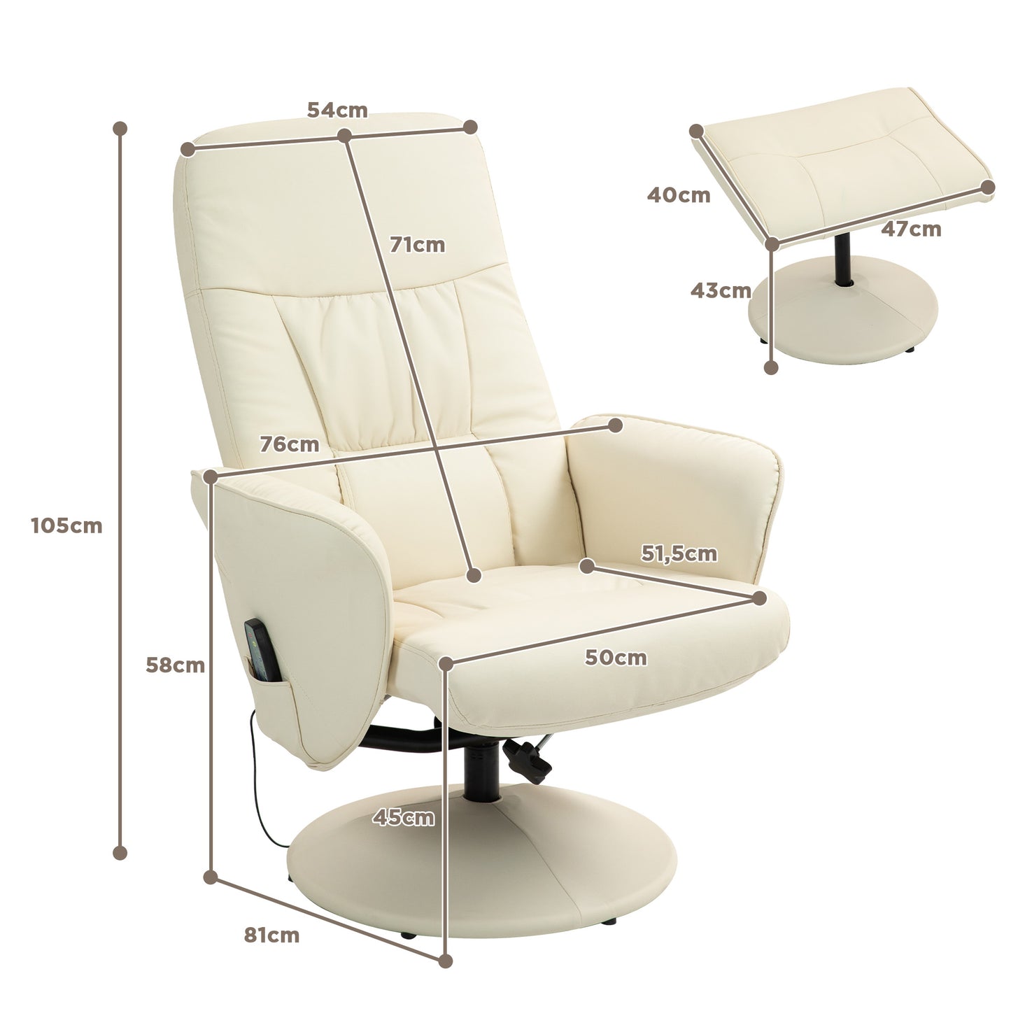 HOMCOM Massagesessel mit Fußhocker, Ergonomischer Stuhl mit 10 Vibrationspunkten, Kunstleder, 76 x 81 x 105 cm, Cremeweiß