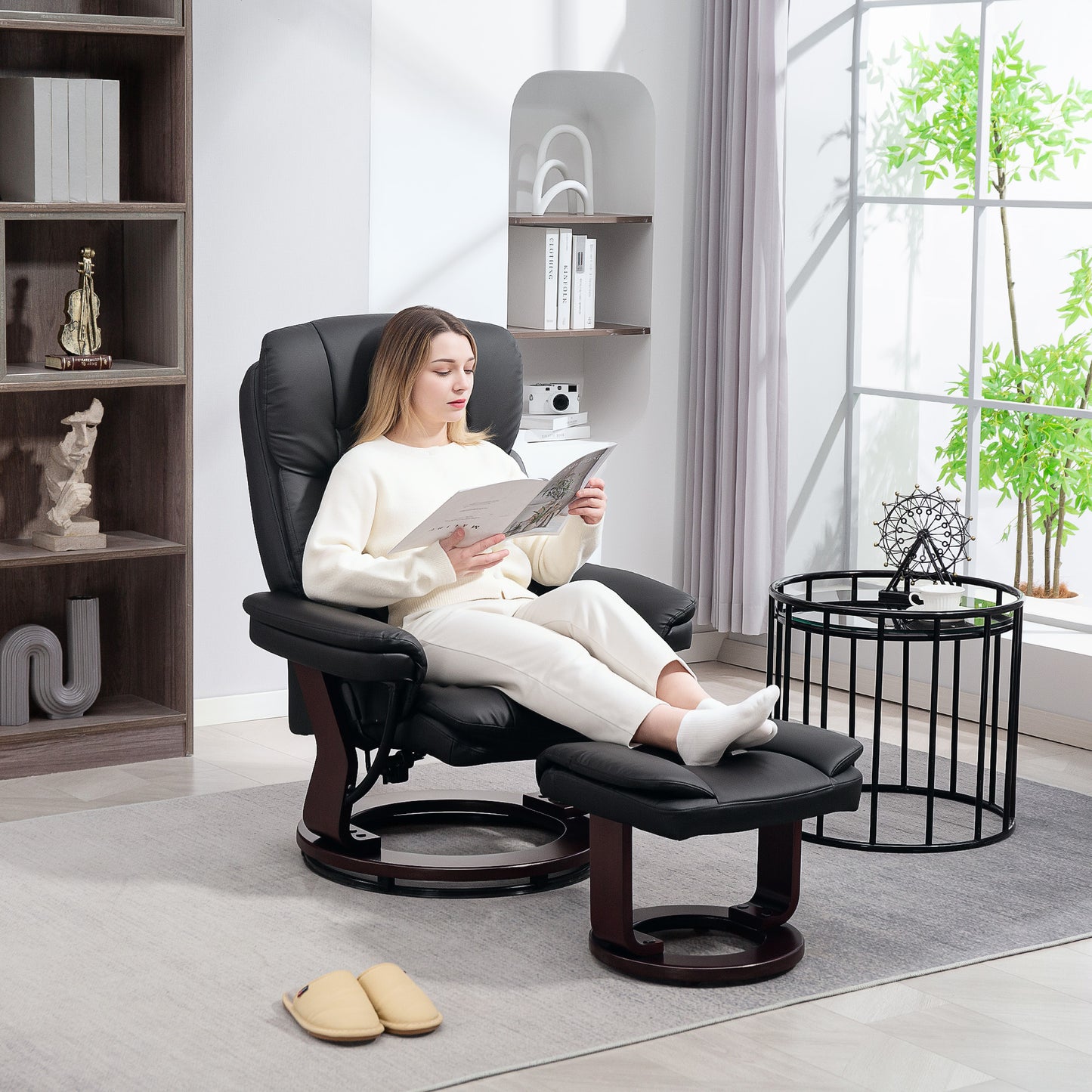 HOMCOM Relaxsessel mit Fußhocker, Verstellbarer Sessel, Kunstleder-Bezug, Polstersessel mit klappbarer Rückenlehne, Schwarz