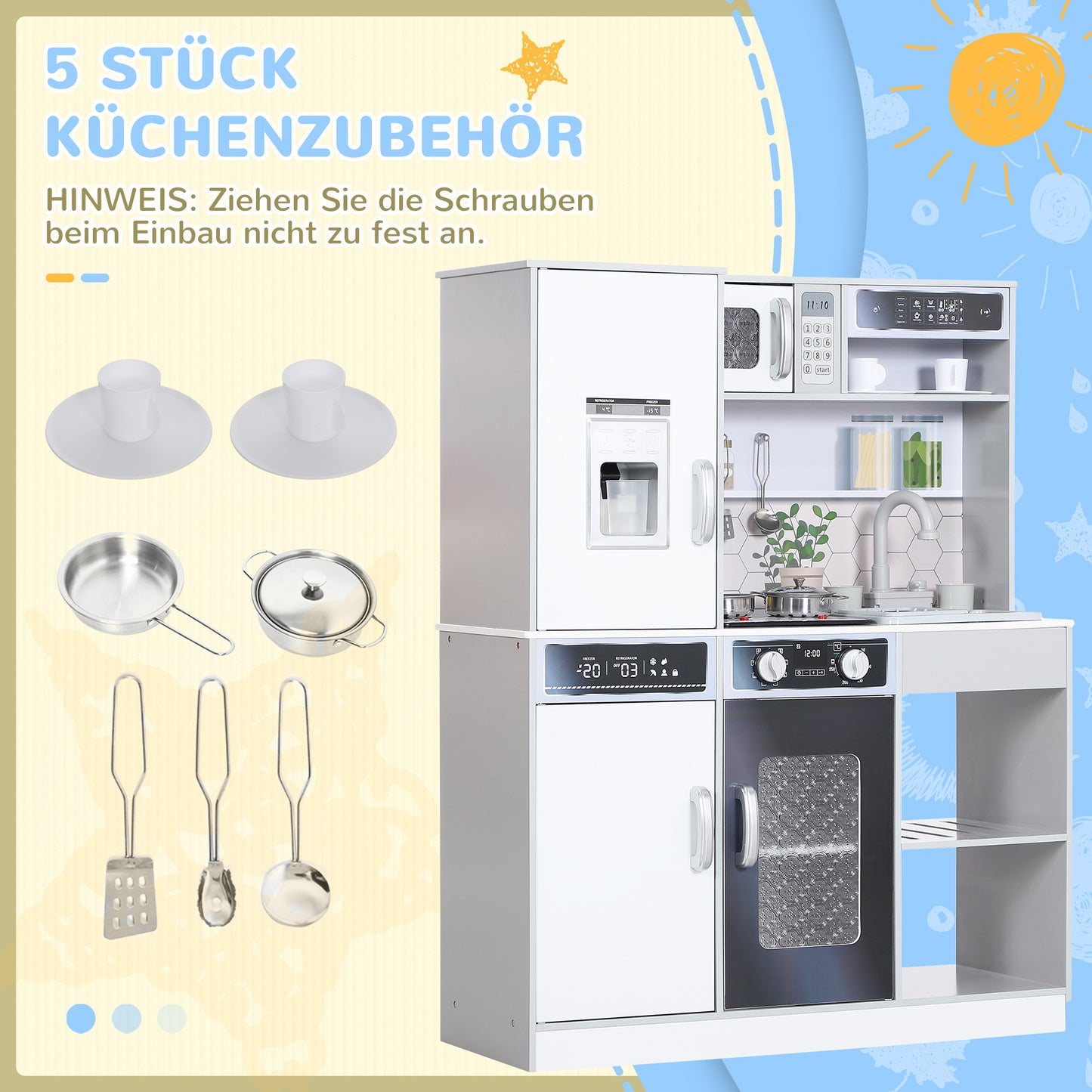 AIYAPLAY Spielküchen-Set mit Edelstahl-Geschirrset, Herd, Spüle mit Wasserkreislauf, Licht- & Soundeffekte, Weiß