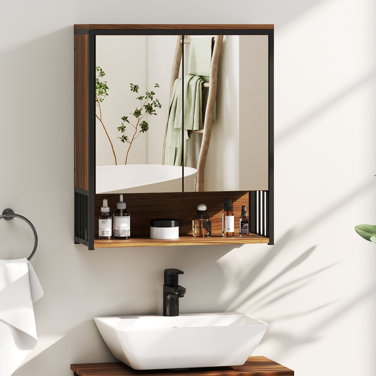 HOMCOM Hängender Spiegelschrank für Badezimmer, Badschrank aus MDF, Spanplatte, Braun