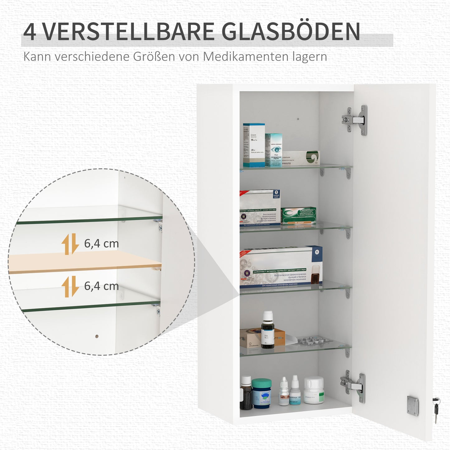 Kleankin Medizinschrank Arzneischrank Wandschrank Hängeschrank mit verstellbarer Ablage Erste-Hilfe-Kreuz abschließbar für Badezimmer Küche Flur Weiß 30x20x70 cm
