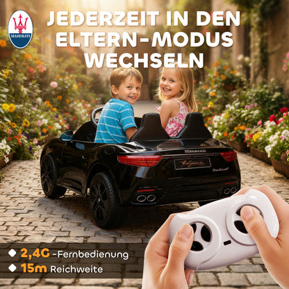 AIYAPLAY Maserati Elektroauto für Kinder, 2-Sitzer, 12V Batteriebetrieb, Fernbedienung, LED-Lichter, Musikfunktion, Schwarz