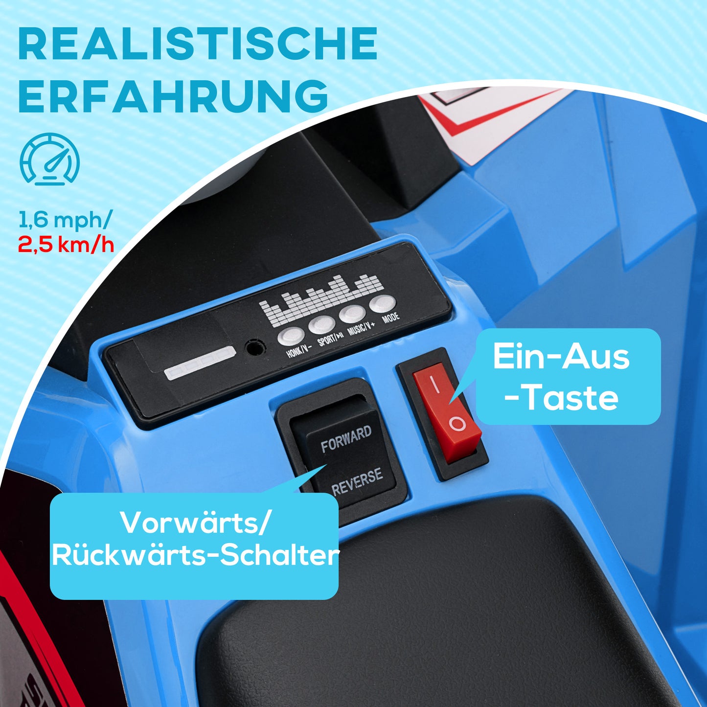 HOMCOM Elektro-Kinderquad, 2,5 km/h, Vorwärts- & Rückwärtsgang, für 18-36 Monate, Blau