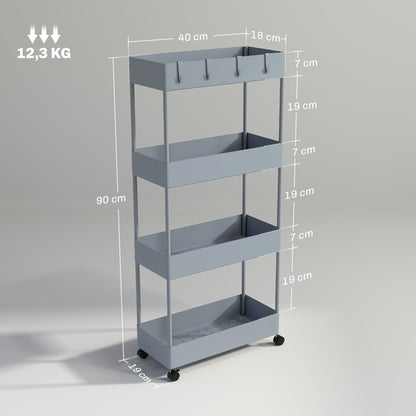 HOMCOM Küchenwagen mit 4 Regalen, 4 flexiblen Haken, 4 Rollen, 40 cm x 19 cm x 90 cm, Nischenwagen, Grau