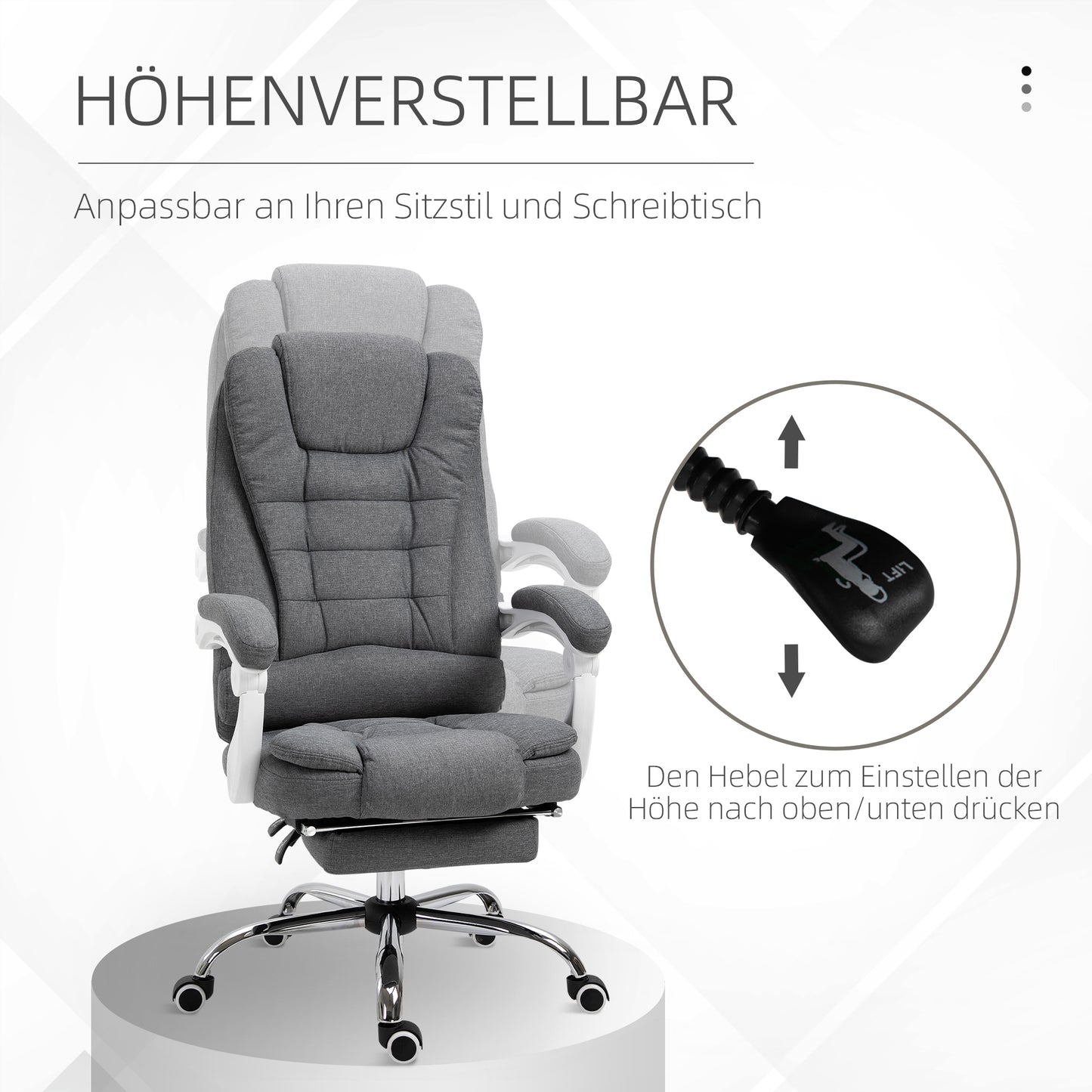 Vinsetto Bürostuhl mit ausklappbarer Fußstütze، Chefsessel، verstellbare Rückenlehne، Leinenoptik، غراو