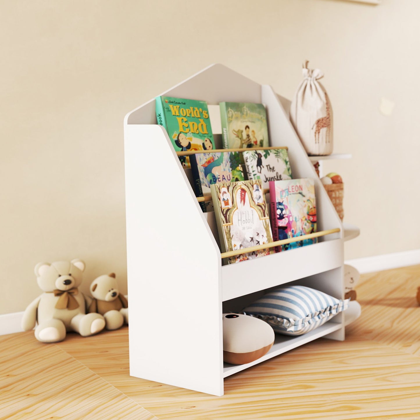 AIYAPLAY Kinderregal mit 7 Regalen für Bücher, Spielzeug, runde Kanten, trägt 40 kg, Weiß