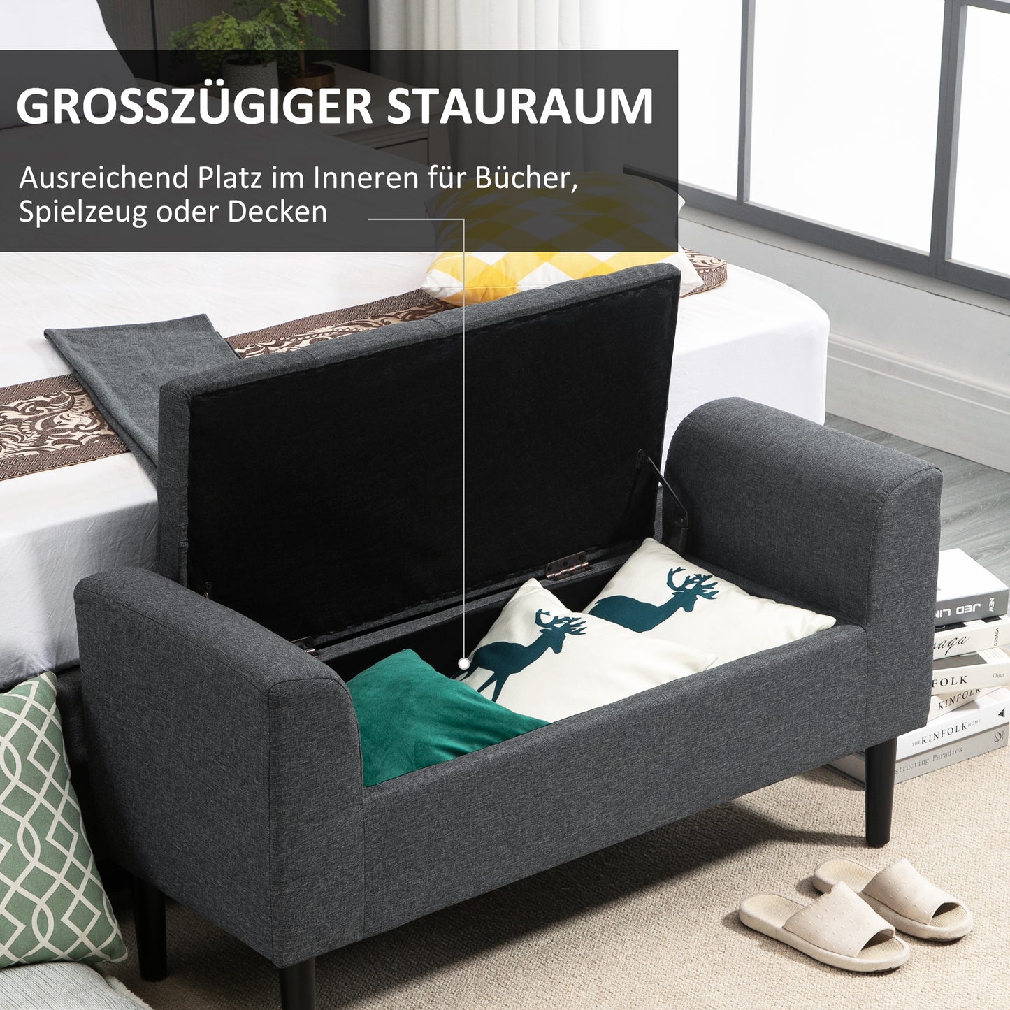 HOMCOM Sitzbank mit Stauraum، Polsterbank mit Leinenoptik، Holzbeine، Bettbank belastbar bis 130 كجم، für Wohnzimmer Schlafzimmer Flur، 116 × 44 × 58 سم Dunkelgrau