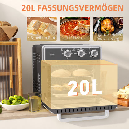 HOMCOM Minibackofen, 20L, 5 Funktionen, 360° Heißluft, Grillrost, Krümelblech, Grau