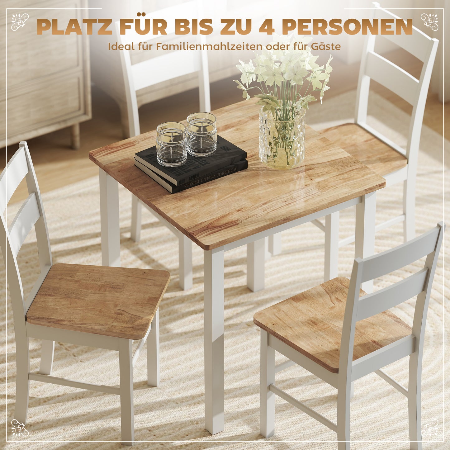 HOMCOM Esstisch aus Kautschukholz, für bis zu 4 Personen, Naturholz