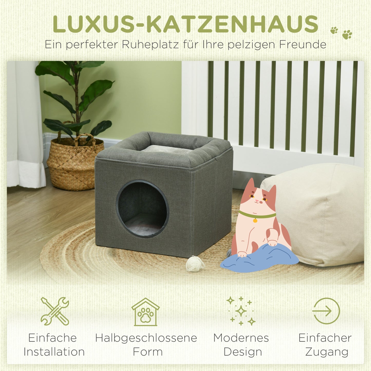 PawHut Katzenhöhle Katenbett 2-in-1 Katzenhöhle, ink. Kissen, 36,5 x 36,5 x 33 cm, Grün