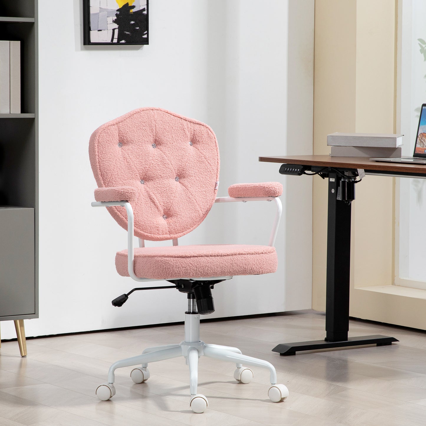 HOMCOM Schöner Bürostuhl mit geknöpftem, weichem Bezug, höhenverstellbar, Rosa