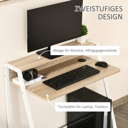 HOMCOM Schreibtisch, Computertisch mit Ablage und Kabel Management, moderner Schreibtisch mit Metallgestell für Arbeitszimmer, Schlafzimmer, Home Office, 84 x 45 x 85 cm, Weiß+Eiche