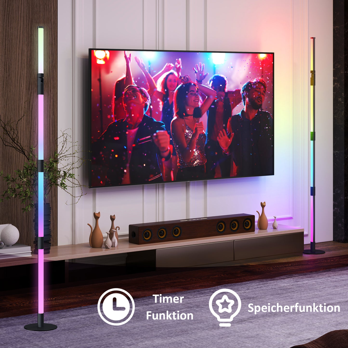 HOMCOM LED-Stehlampe, Standfußlampe mit Fernbedienung und verschiedenen Farben, Timer, App, Musik-Synchronisation, Dunkelgrau