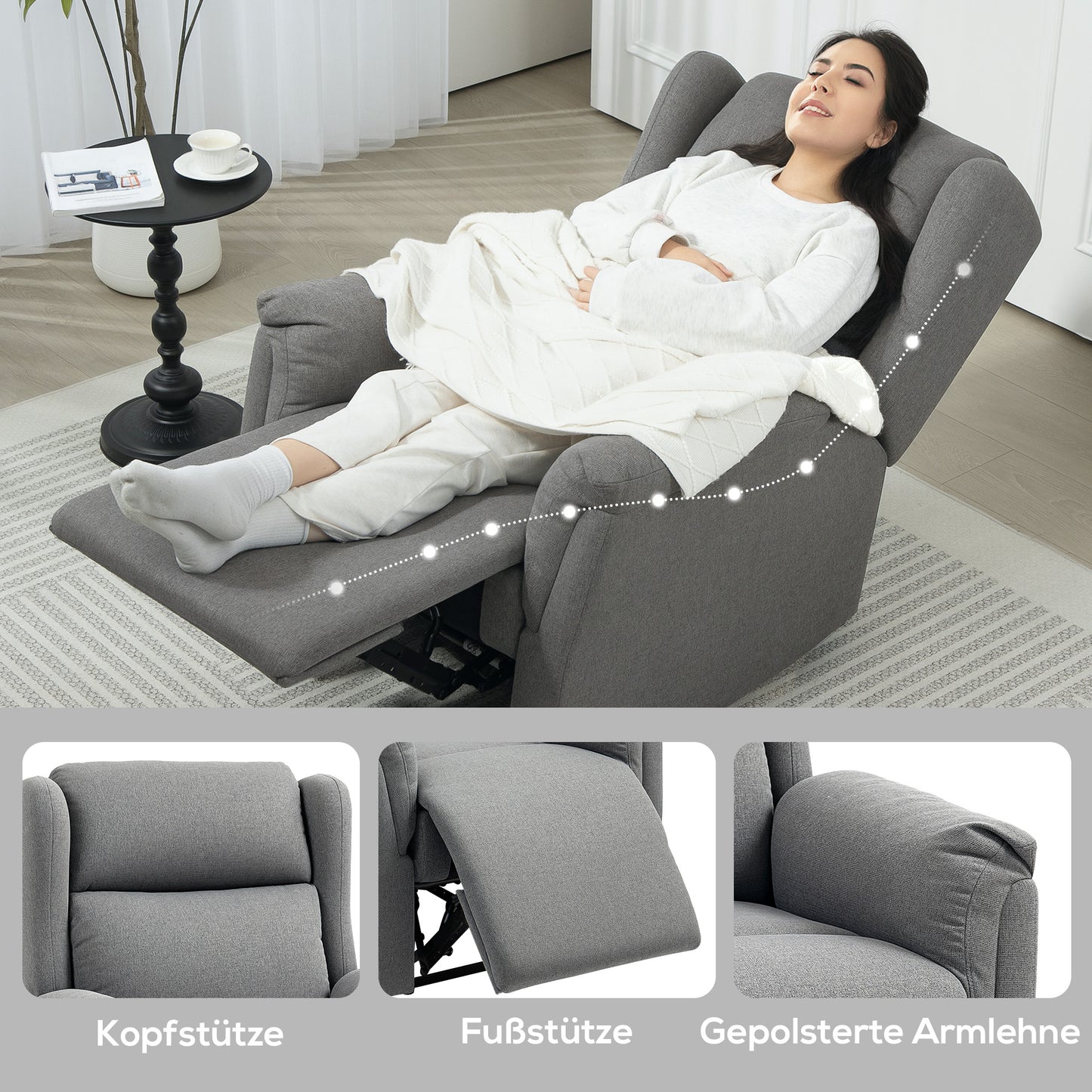HOMCOM Relaxsessel, Verstellbarer Polstersessel mit Fußstütze, 160° neigbar, Leinenoptik, schneller Aufbau, Dunkelgrau