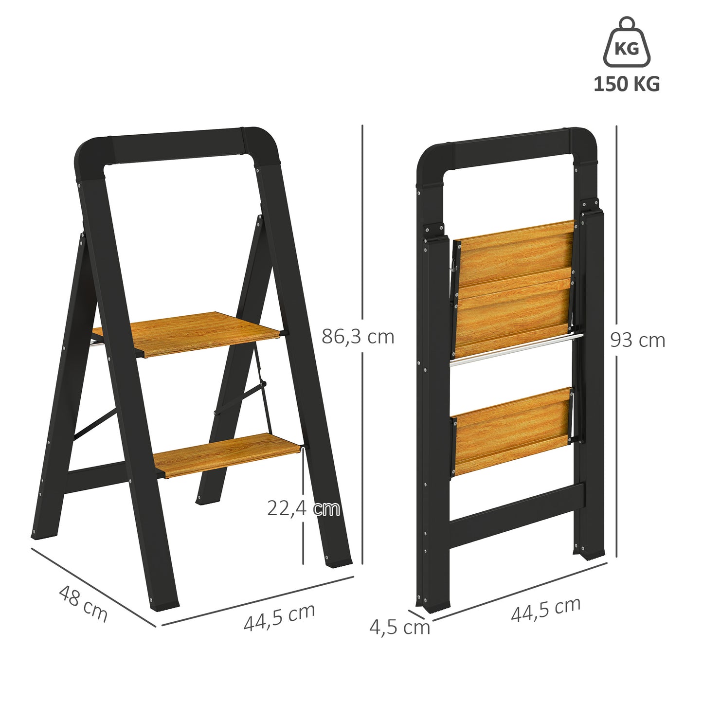 HOMCOM 2-stufige Trittleiter، Metall، faltbar، rutschfeste Plattform، Schwarz
