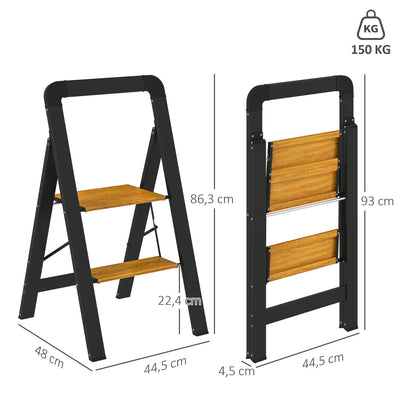 HOMCOM 2-stufige Trittleiter، Metall، faltbar، rutschfeste Plattform، Schwarz