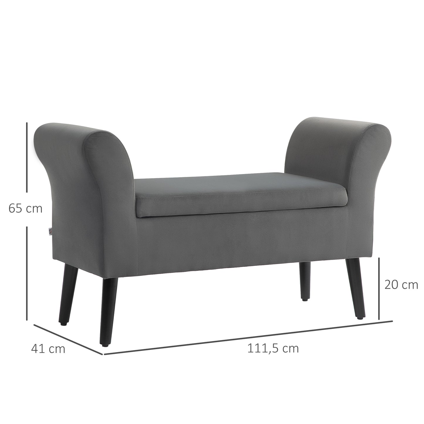 HOMCOM Polsterbank mit Stauraum, Truhenbank mit Armlehnen, 46 cm Sitzhöhe, samtartiges Polyester, 111,5 x 41 x 65 cm, Dunkelgrau