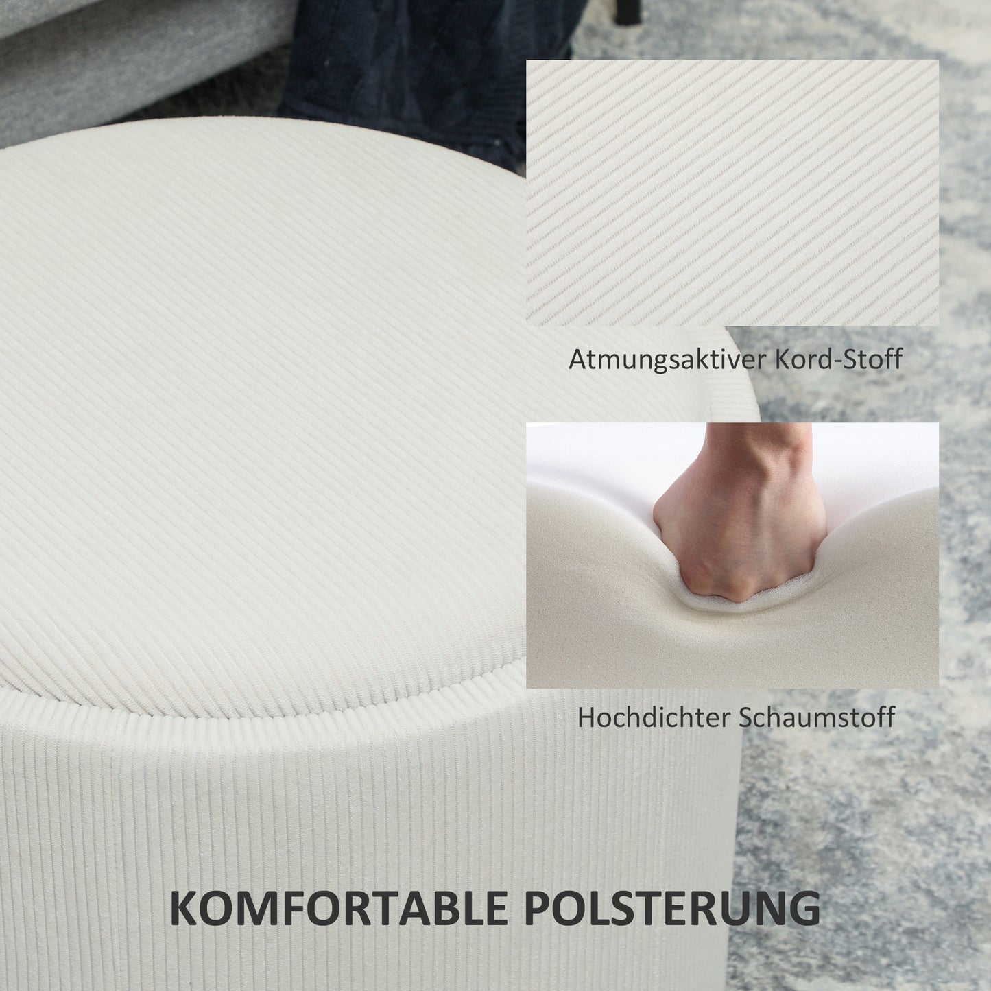 HOMCOM Aufbewahrungshocker mit Stauraum, rund, Fußstütze, Cordstoff, MDf, Cremeweiß