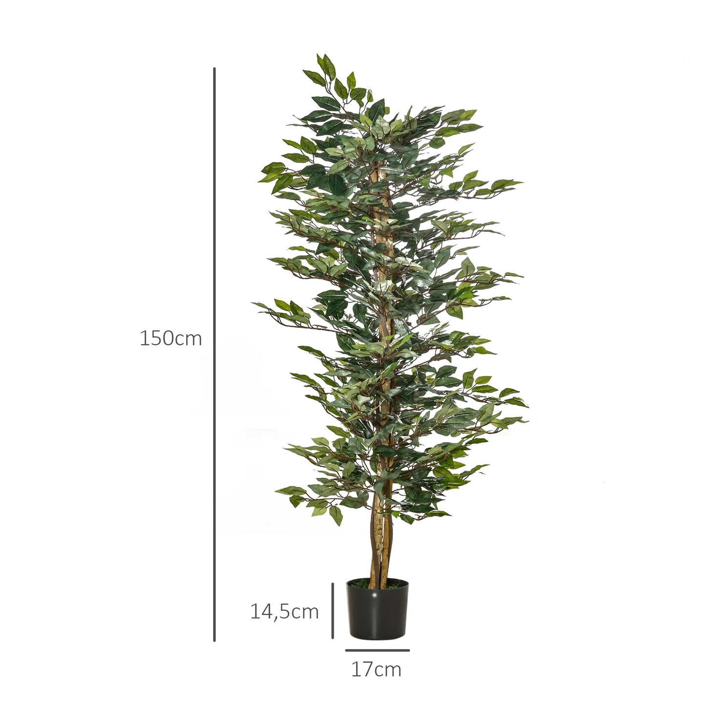 HOMCOM Künstlicher Ficus-baum groß 150 cm Kunstbaum, Kunstpflanze, Plastik Künstliche Pflanzen im Topf, Fake Plant wie echt für Wohnzimmer Schlafzimmer Büro Garten Moderne Dekoration Geschenk
