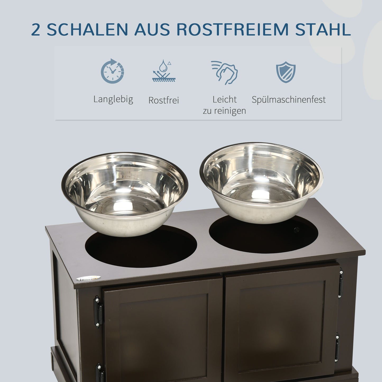 PawHut Futterstation Erhöhte Futternäpfe, inklusive Stauraum, 60 cm x 30 cm x 34 cm, Braun + Silber